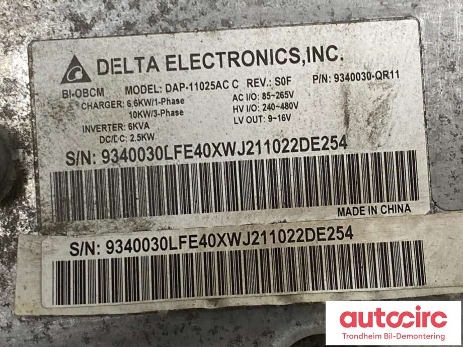 Batterilader (OBC - On Board Charger) til Hongqi E-HS9 2022-->>  (DELTA ELECTRONICS|9340030-QR11|DAP-11025AC|)
