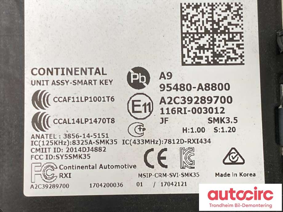 Styreenhet nøkkelfri/keyless til Kia Optima 2017-2020  (CONTINENTAL|95480A8800|A2C39289700|)