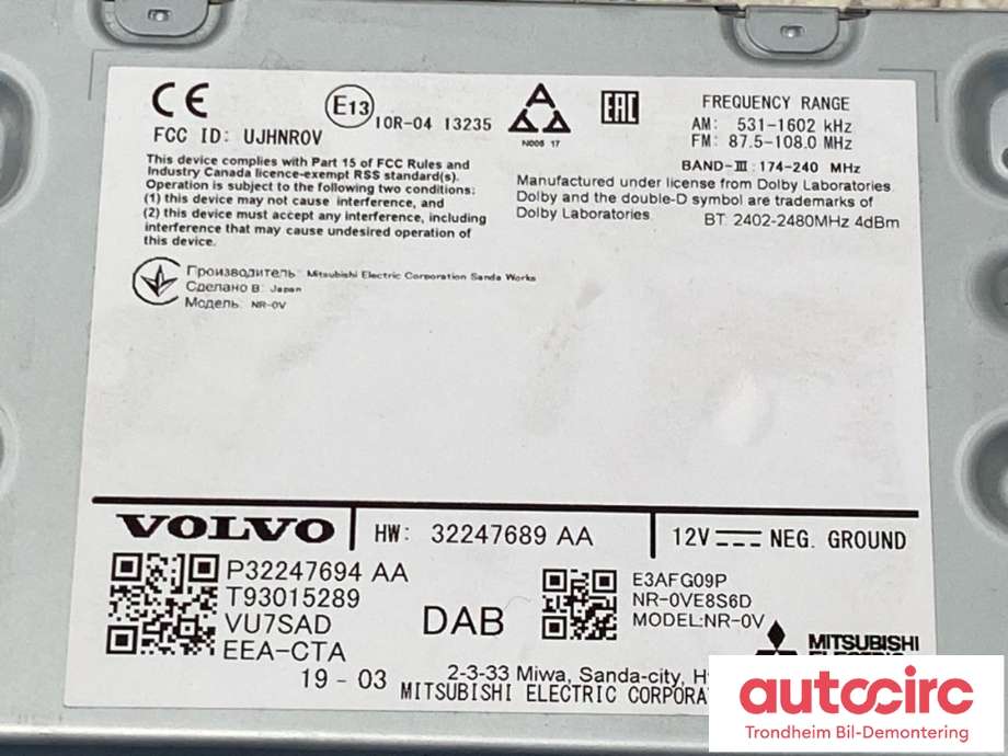 Bilstereo navigasjon til Volvo V90 / V90 CC / S90 2016-->>  (MITSUBISHI ELECTRIC|32247689|36010478|32247694)
