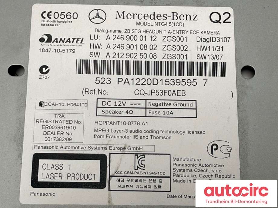 Bilstereo til Mercedes A-Klasse 2012-2018 (W176) (W176) (A2469000112|A2469000616|)