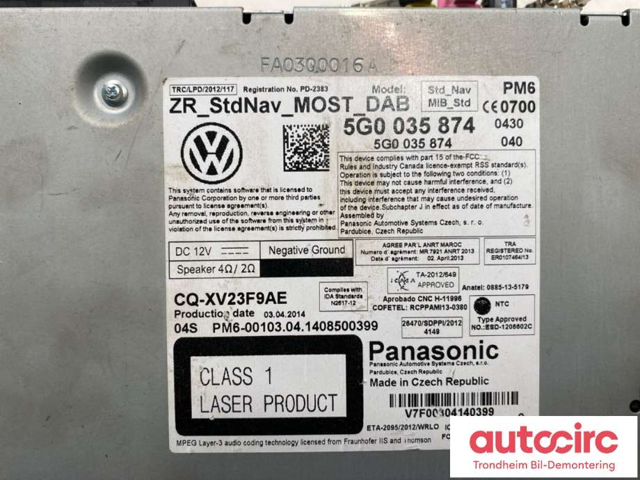 Bilstereo CD-veksler til VW Golf VII 2012-2017 (Fase 1) (PANASONIC|5G0 035 874|CQ-XV23F9AE|)