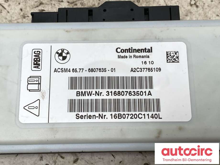 Styreenhet airbag hovedsensor til BMW X5 2013-2018 (F15) (F15) (CONTINENTAL/BMW|65 77 6 807 635|65 77 7 911 608|31680763501A)