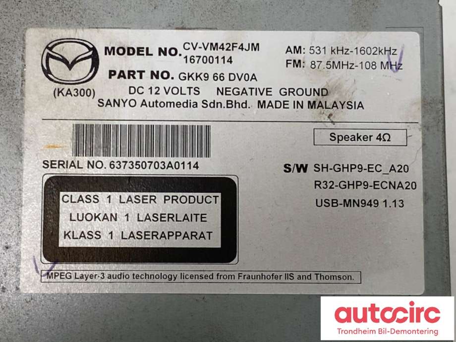 Bilstereo navigasjon til Mazda 6 2013-2015 (Type III, Fase 1)  (...|GKK966DV0A|GKK966DV0C|)
