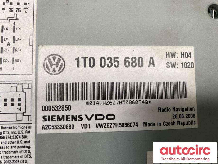 Bilstereo navigasjon spiller til VW Golf V, STV 2007-2010 (JETTA) (JETTA) (SIEMENS VDO|1T0 035 680 A|1T0 035 680 AX|)