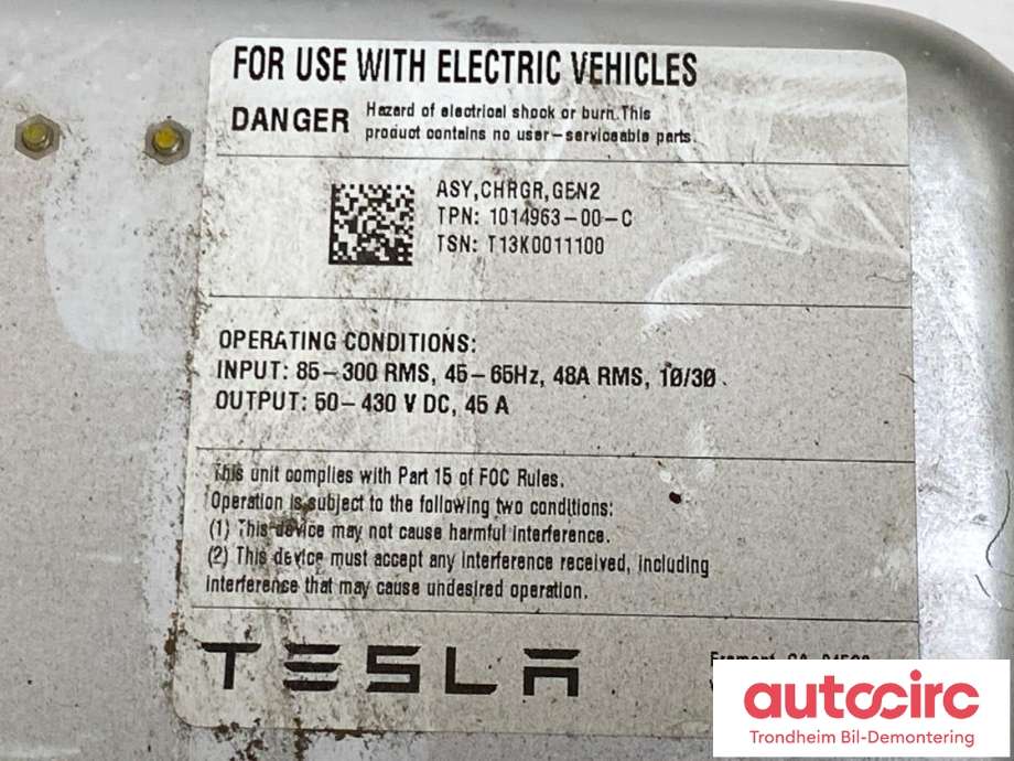 Batterilader (OBC - On Board Charger) til Tesla Model S 2013-2016 (Fase 1)  (..|1014963-00-C|1014963-00-E|1014963-00-F| 1014963-00-G| 1014963-00-J| 1014963-00-K| 1014963-00-L| 1014963-03-A| 1014963-04-A| 1014963-06-A| 1014963-99-K)