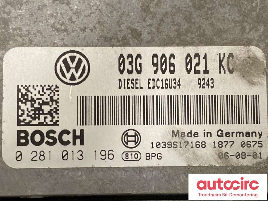 Styreenhet motor til VW Touran 2007-2010 (Type I, Fase 2)  (BOSCH|03G906021KC|0281013196|)