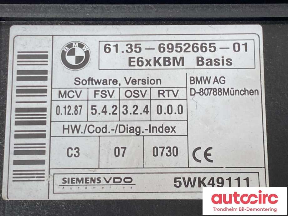 Styreenhet comfort (BCM) til BMW 5-Serie 2003-2010 (E60/E61) (E60/E61) (SIEMENS/VDO|61356952665|5WK49111|61359176069)
