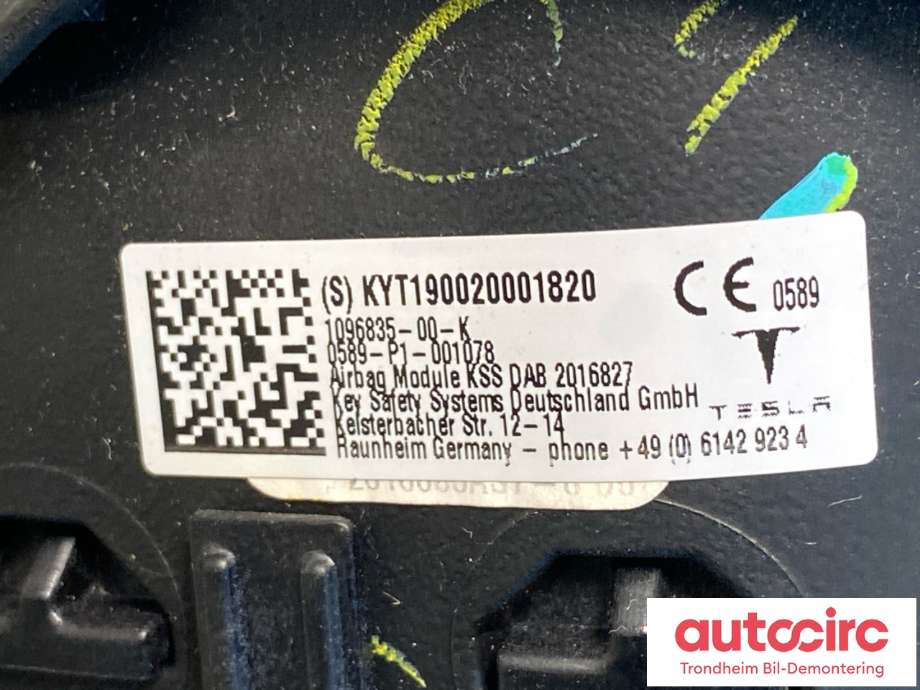 Airbag rattpute til Tesla Model 3 2018-2023 (Fase 1) (1096835-00-K|1096835-00-G|1096835-00-H| 1096835-00-I| 1096835-00-J)