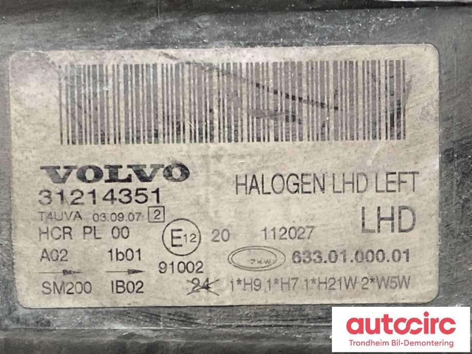 Frontlykt venstre halogen til Volvo V70 2007-2013 (Type III, Fase 1)  (31214351|)