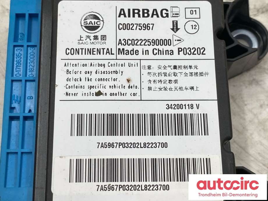 Styreenhet airbag hovedsensor til Maxus Euniq 5 2019-2023  (CONTINENTAL|C00275967|A3C0222590000|)