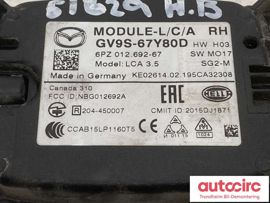 Sensor blindsone til Mazda 6 2018-->> (Type III, Fase 3)  (GV9S-67-Y80D|GV9S-67-Y80H|)