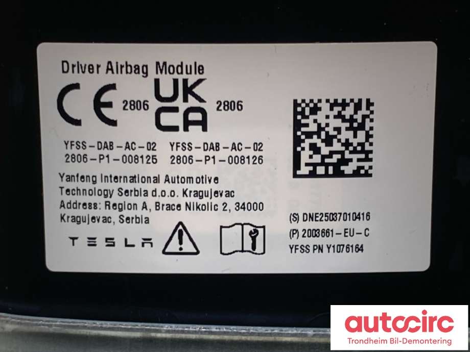 Airbag rattpute til Tesla Model Y 2024-->> (Type II) (2003661-EU-C|)