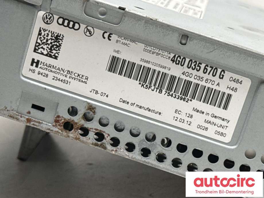 Bilstereo navigasjon til Audi A6 2011-2014 (Type IV, Fase 1) (C7) (C7) (HARMAN/BECKER|4G0 035 670 G|)