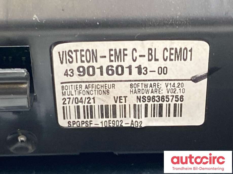 Bilstereo betjeningspanel til Peugeot Partner 2019-->> (Type III)  (4390160113-00|98 281 324 80|98 365 864 80| 98 300 848 80| 98 392 691 ZD)