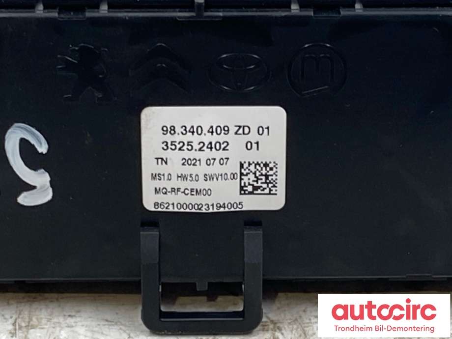 Varmeapparat betjening til Peugeot Partner 2019-->> (Type III)  (98340409ZD|98 075 413 ZD|98 340 409 ZD)