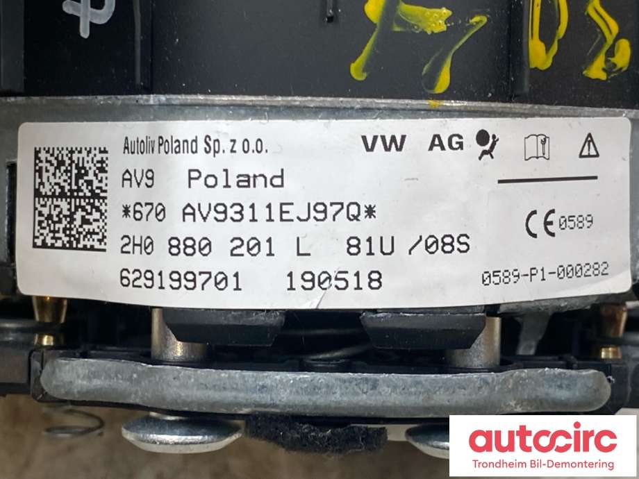Airbag rattpute til VW Transporter / Caravelle 2015-2019 (T6) (T6) (AUTOLIV|2H0880201L|7E0 880 201 AP|)