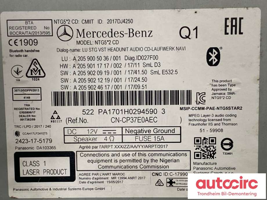 Bilstereo navigasjon til Mercedes C-Klasse 2018-2021 (Fase 2) (W205) (W205) (A 205 900 50 36|A 205 900 40 40|A 205 900 93 40)
