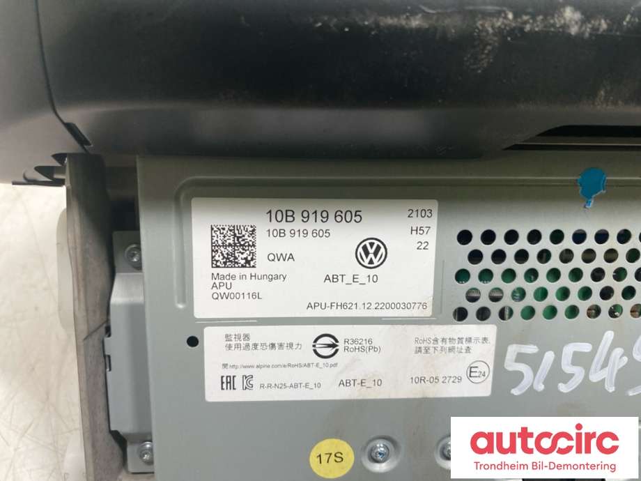 Bilstereo navigasjon skjerm til VW ID.3 2020-->>  (10B 919 605|)