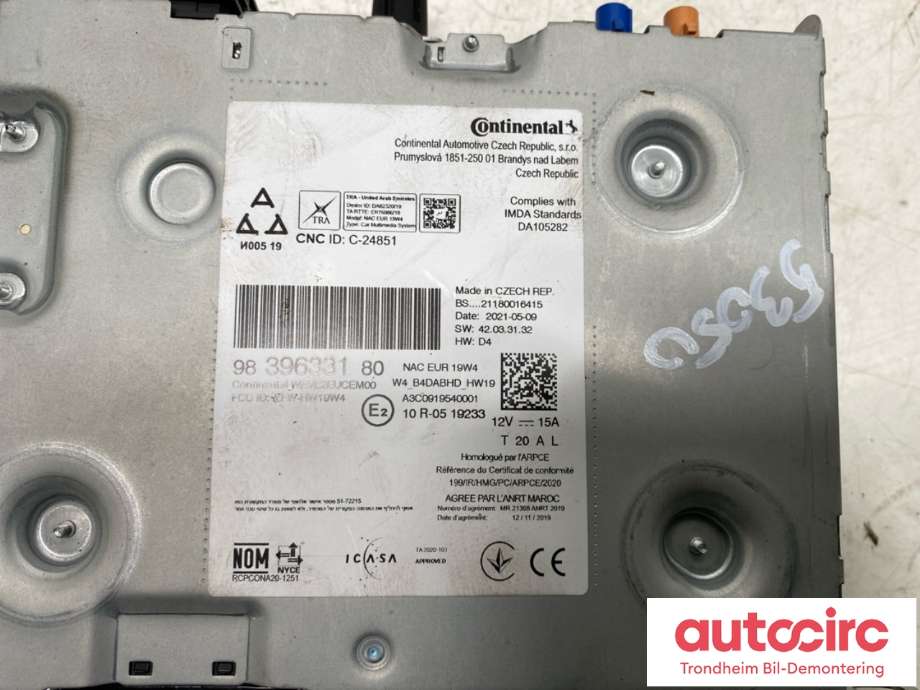 Bilstereo til Citroën ë-C4 2020-->> (CONTINENTAL|16 772 232 80|16 849 670 80|98 39 6331 80)