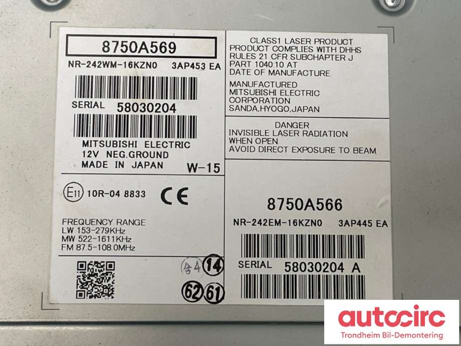 Bilstereo navigasjon til Mitsubishi Outlander 2015-->> (Type III, Fase 2)  (8750A569|)