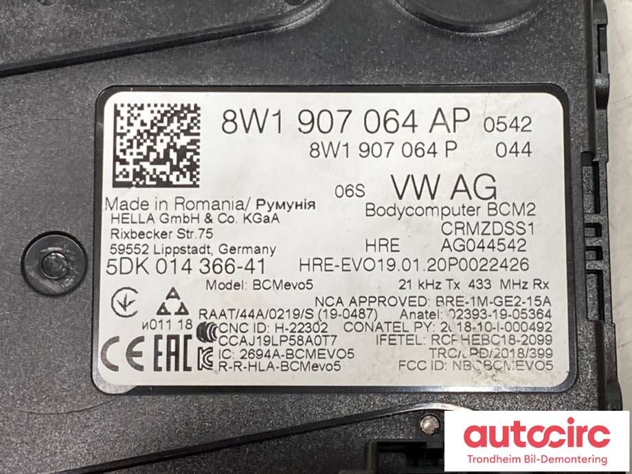 Styreenhet comfort (BCM) til Audi e-tron 2018-->> (8W1 907 064 AP|8W1 907 064 AH|8W1 907 064 DH| 8W1 907 064 P)