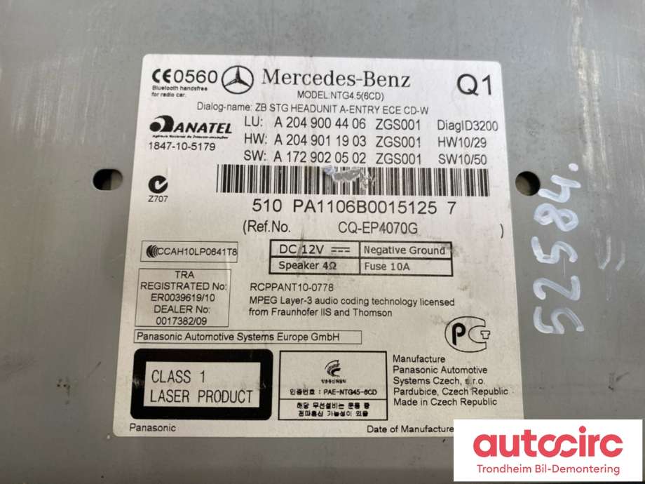 Bilstereo til Mercedes C-Klasse 2011-2014 (Fase 2) (W204) (W204) (A2049004406|A 204 900 80 06|)
