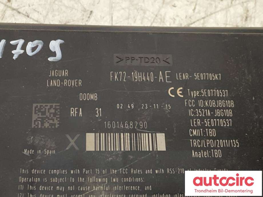 Styreenhet nøkkelfri/keyless til Land Rover Range Rover, Evoque 2011-2019 (Type I)  (T2H19517| LR080756|J9C16072| LR071424|FK72-19H440-AE| J9C16072| FK7219H440AG| FK7219H440AH| FK7219H440AE)