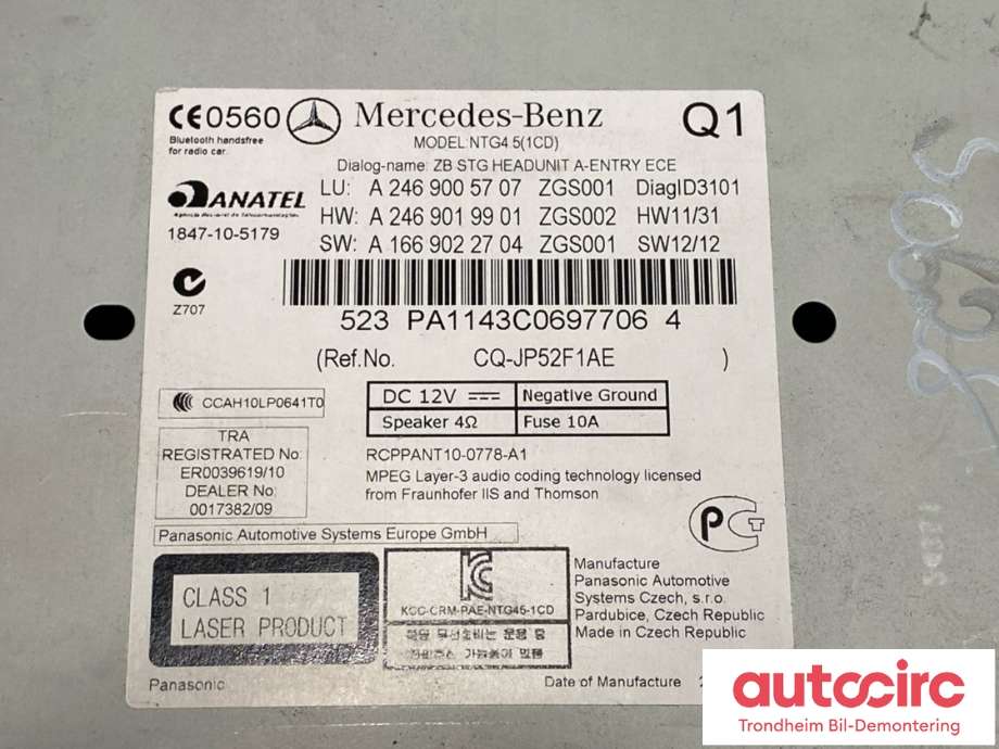 Bilstereo til Mercedes B-Klasse 2011-2018 (W246) (W246) (ANATEL|A 246 900 57 07|A 246 900 31 08|)
