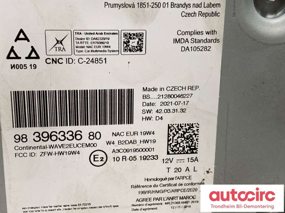 Bilstereo til Peugeot Expert 2016-->> (Type III) (9839633680|)