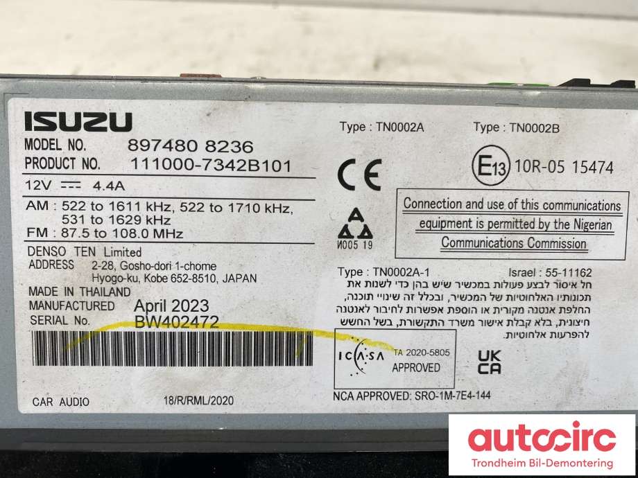 Bilstereo til Isuzu D-Max 2021-->> (Type III)  (8974808236|111000-7342B101|)