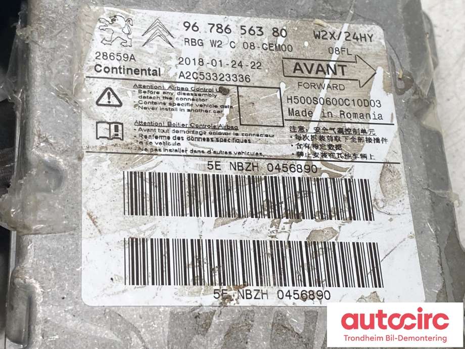 Styreenhet airbag hovedsensor til Peugeot 508 2014-2018 (Type I, Fase 2) (CONTINENTAL|96 786 563 80|)