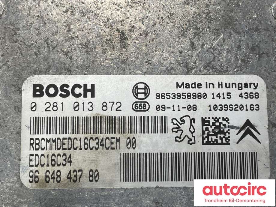 Styreenhet motor til Peugeot 308 2007-2011 (Type I, Fase 1)  (BOSCH|9664843780|0281013872|1942 WE| 1943 V5)