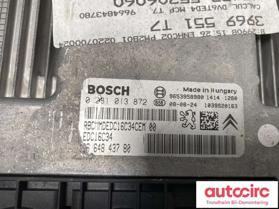 Styreenhet motor til Peugeot 308 2007-2011 (Type I, Fase 1)  (BOSCH|9664843780|1943 F6|0281013872)