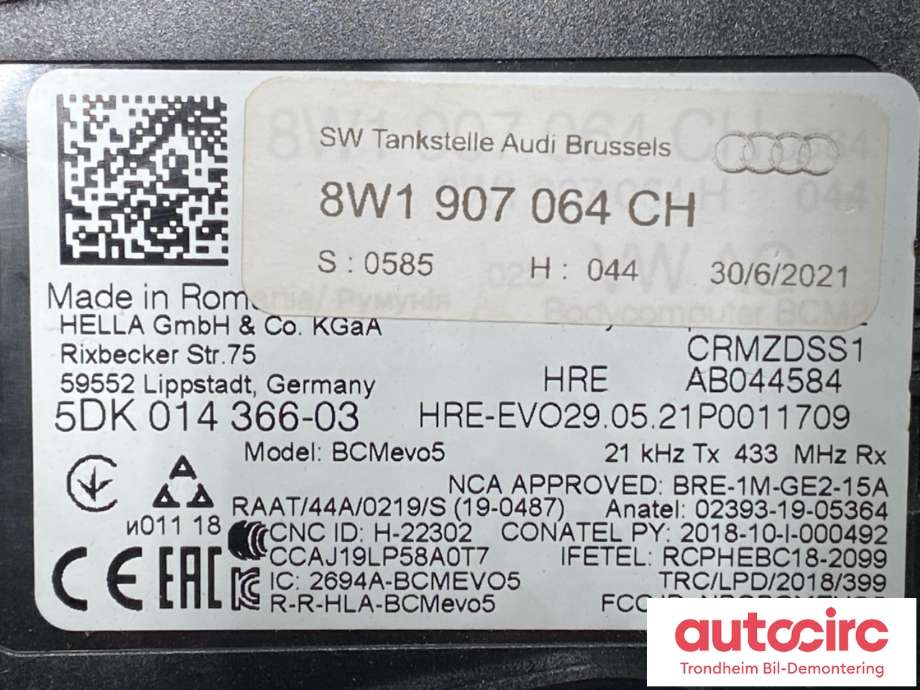 Styreenhet comfort (BCM) til Audi e-tron 2018-->> (BAK|8W1 907 064 CH|8W1 907 064 DH|)