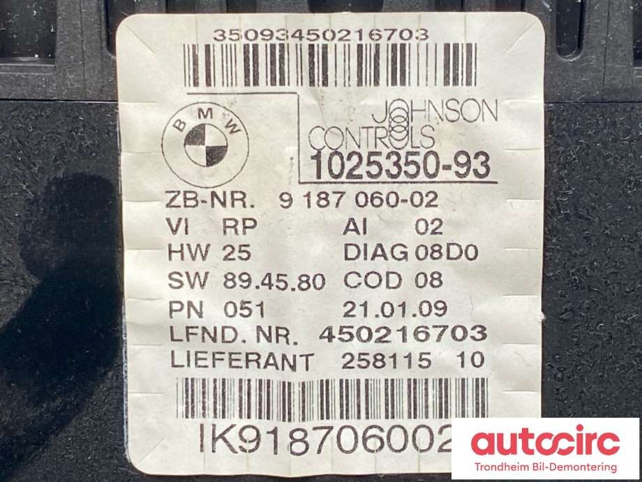 Instrumentpanel til BMW 3-Serie 2005-2011 (E90/E91/E92/E93) (E90/E91/E92/E93) (62 10 9 316 127|)