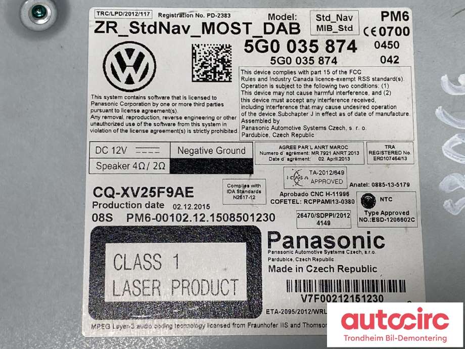 Bilstereo CD-veksler til VW Golf VII 2012-2017 (Fase 1)  (5G0 035 874|)