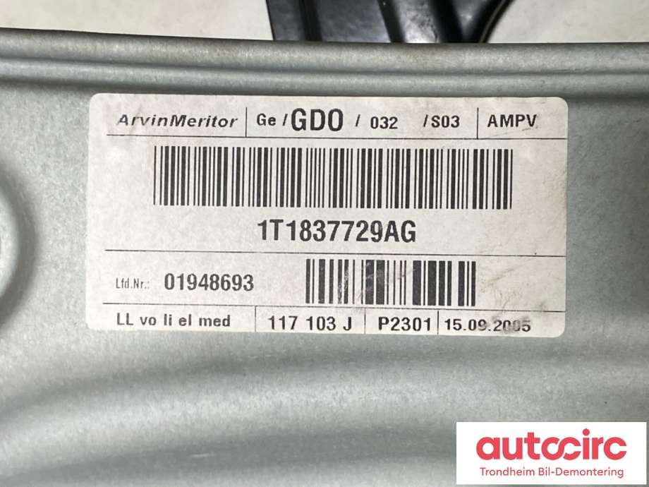 Ruteheis venstre foran til VW Touran 2003-2006 (Type I, Fase 1) (1T0 839 461 P|)