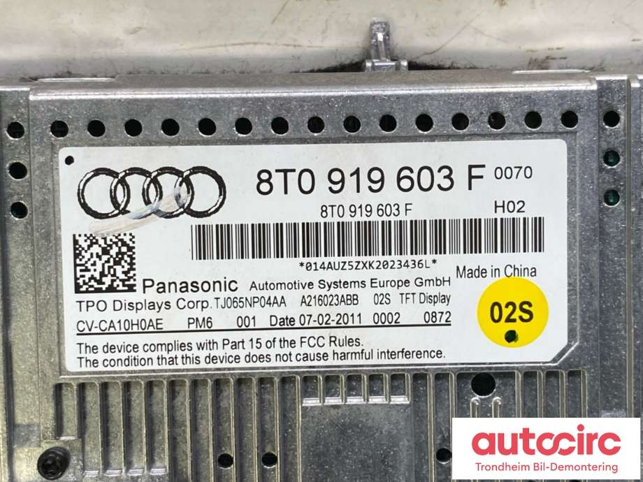 Multimedia display (MCU - Media Controller Unit) til Audi A4 2007-2014 (Type IV) (B8) (B8) (8T0 919 603 F|)