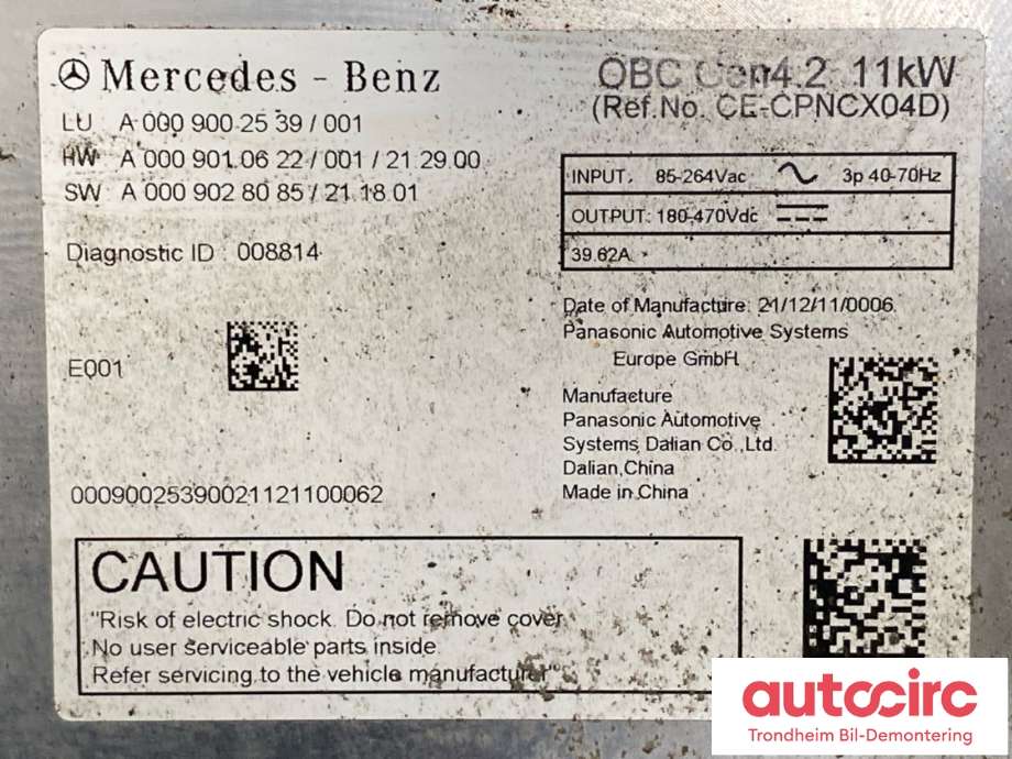 Batterilader (OBC - On Board Charger) til Mercedes EQS 2021-->> (V297) (V297) (A0009007142|A0009005739|)