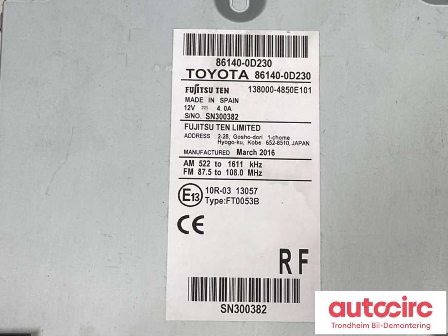 Bilstereo til Toyota Yaris 2014-2020 (Type III, Fase 2)  (861400D230|)