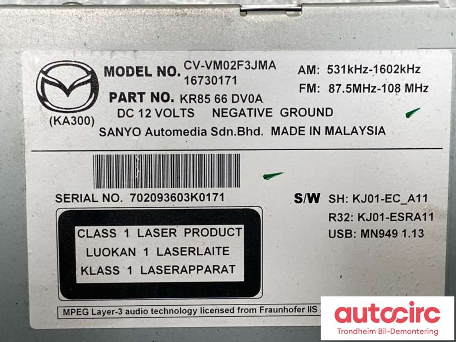 Bilstereo navigasjon til Mazda CX-5 2012-2017 (Type I)  (KR85-66-DV0A|)
