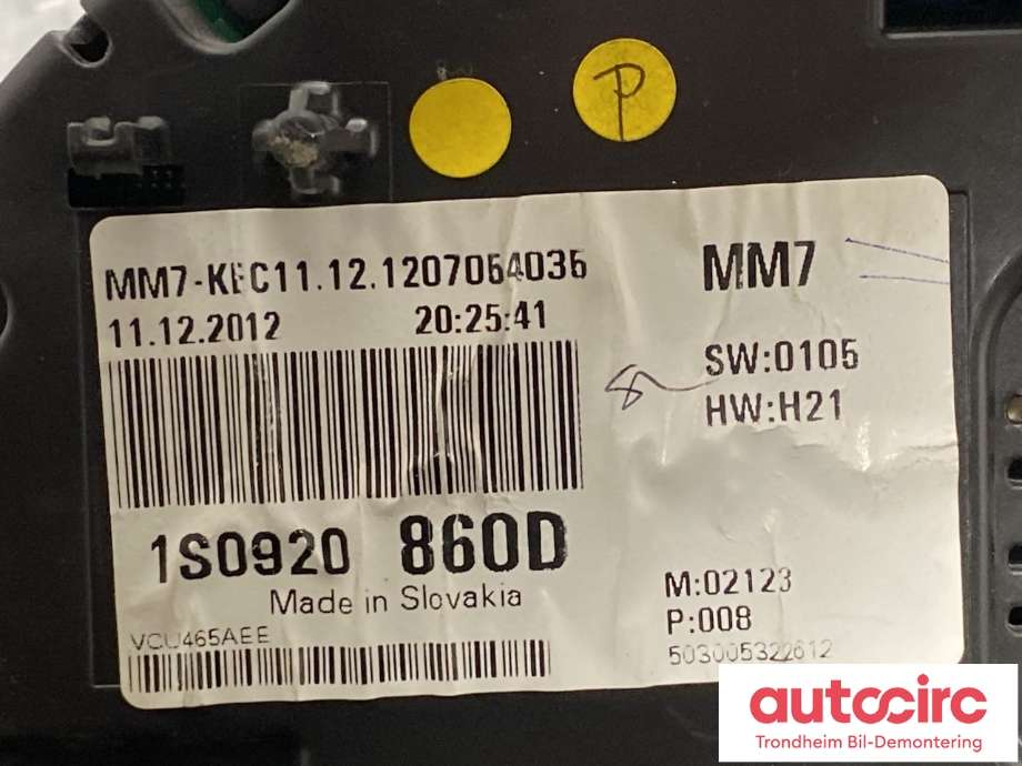 Instrumentpanel til VW Up 2012-2019 (1S0920860D|1S0920860DX|)