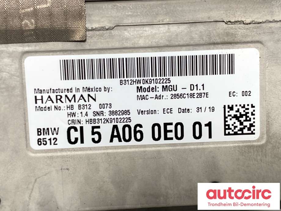 Bilstereo navigasjon til BMW X5 2018-->> (G05) (G05) (HARMAN BECKER|65 12 5 A36 370|6512 CI 5 A06 0E0 01|)