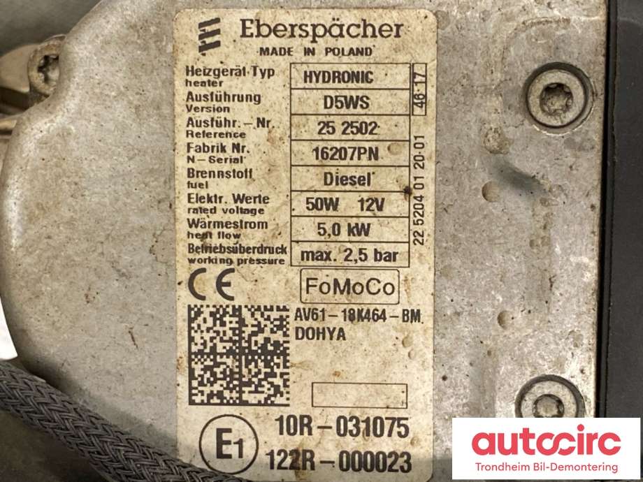 Dieselvarmer til Ford Transit Connect 2018-->> Type II, Fase 2  (AV61-18K463-BP|1908005|)