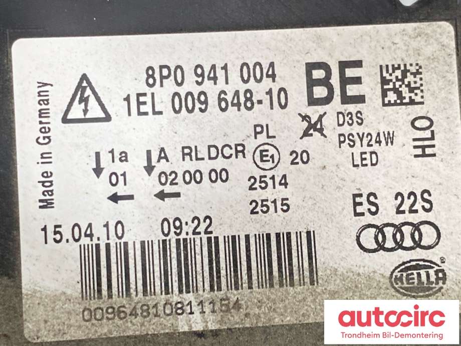 Frontlykt høyre xenon til Audi A3 2009-2012 (Type II, Fase 2) (8P0941030BM|8P0941030BT|)