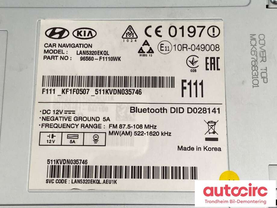 Bilstereo navigasjon til Kia Sportage 2016-2021 (Type IV)  (96560F1110WK|)