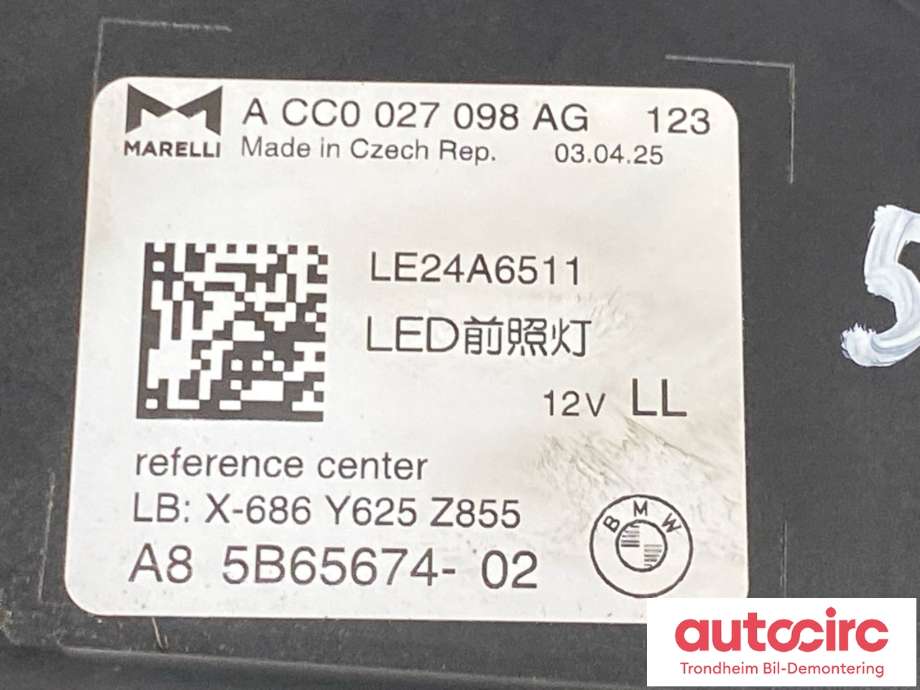 Frontlykt høyre full-LED til BMW iX 2021-->> (I20) (I20) (63 11 5 B5E 752|)