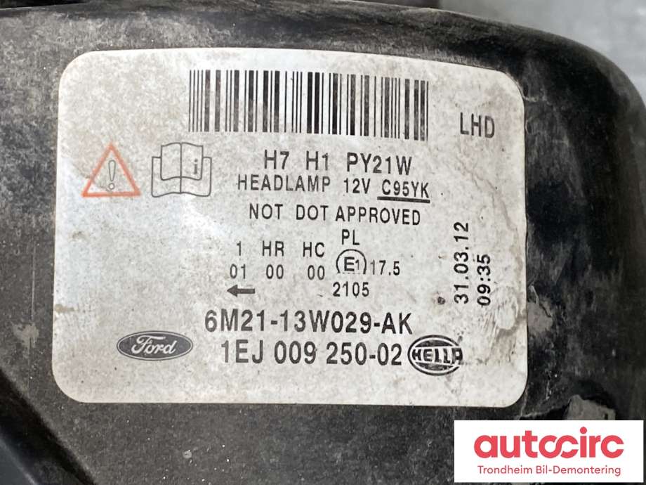 Frontlykt høyre halogen til Ford S-Max 2010-2015 (Type I, Fase 2)  (6M21-13W029-AK|6M21-13W029-AL|1791503)