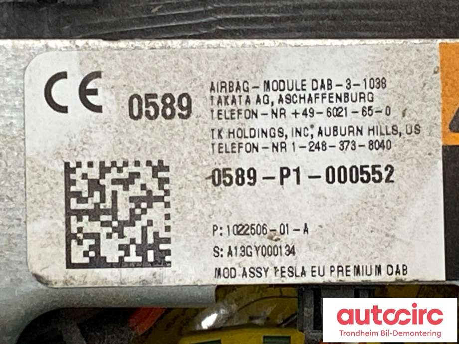 Airbag rattpute til Tesla Model S 2013-2016 (Fase 1) (1022506-01-A|)