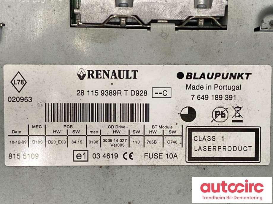 Bilstereo til Renault Megane 2009-2016 Type III  (281159389R|281158115R|)